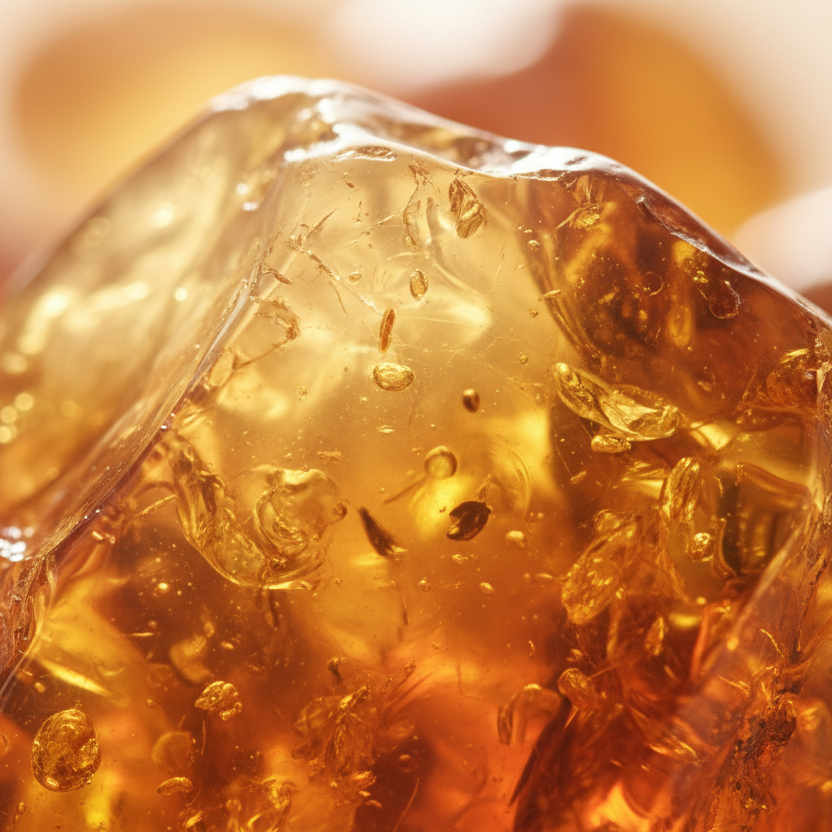 Close-up of a translucent amber stone with a blurred background