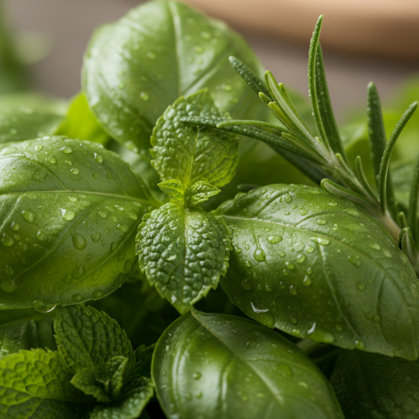 Close-up of fresh green herbs with water droplets on leaves