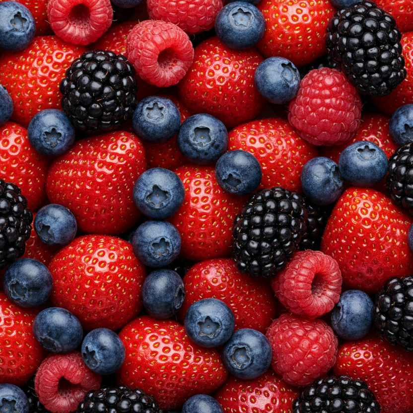 Assorted berries including strawberries, blueberries, raspberries, and blackberries.