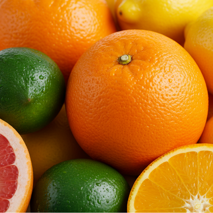 Assorted citrus fruits including oranges, lemons, and limes on a white background