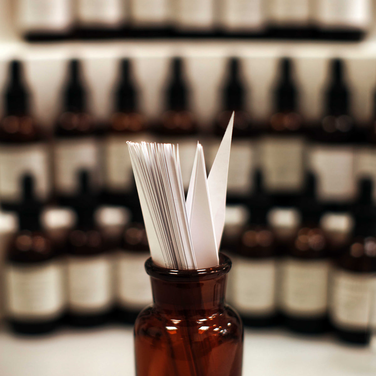 perfume blotters in bottle with perfume bottles in background